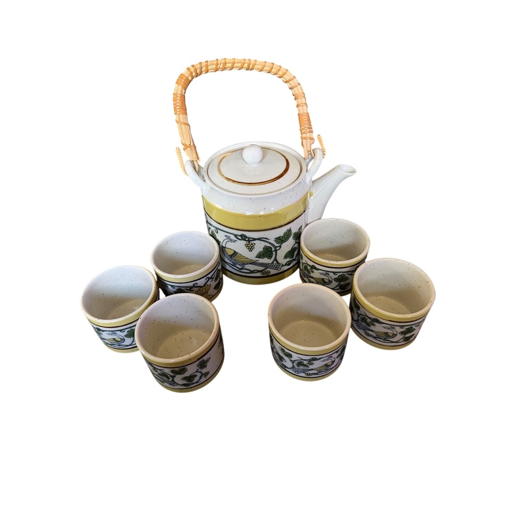 Vtg Otagiri Tea‎ Set Tea Pot w/ Lid & 6 Cups Speckled Green Peacock Pattern MCM